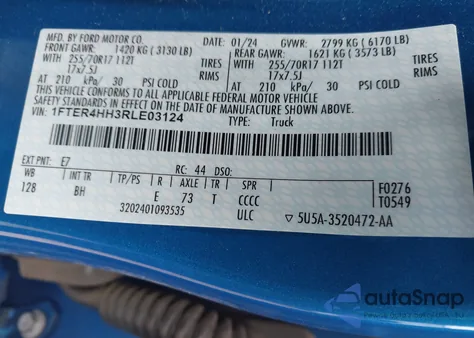 2024 Ford Ranger Xlt from USA, damaged, VIN 1FTER4HH3RLE03124